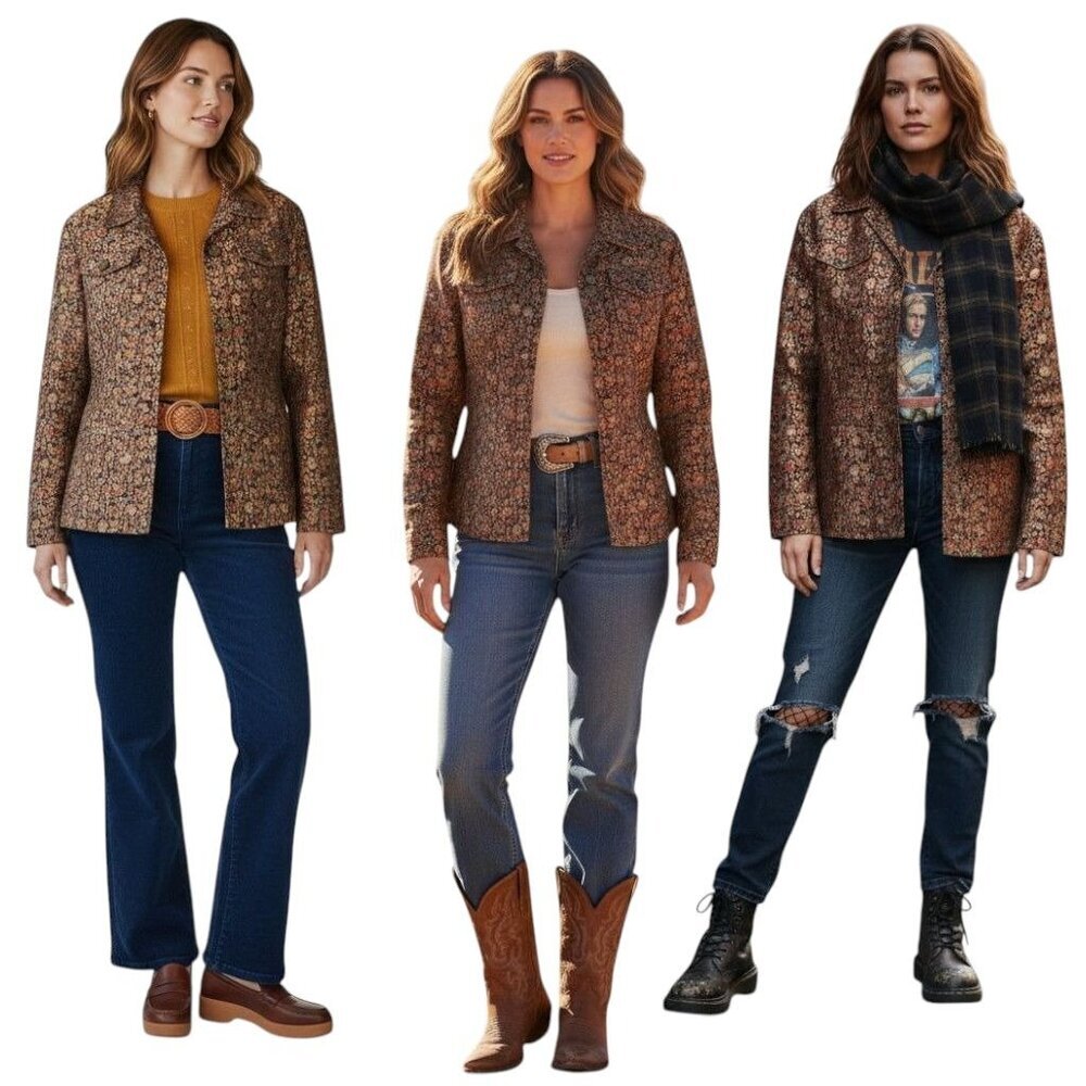 VTG Coldwater Creek Metallic Brocade Floral Blazer Jacket Western Grunge Boho Wo